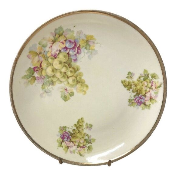 VTG German Hand Painted 8” Porcelain Plate Gold Edge Green Purple Grapes Flowers - Picture 1 of 4